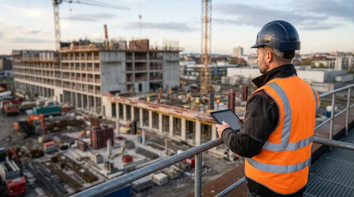 Fassade eines mehrgeschossigen Gebäudes mit Baugerüst während der Sanierung